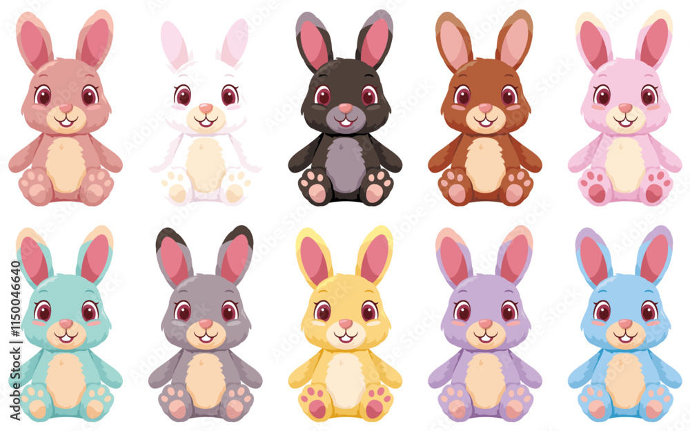 Naklejka premium 座っている可愛いうさぎのぬいぐるみイラストカラバリセット