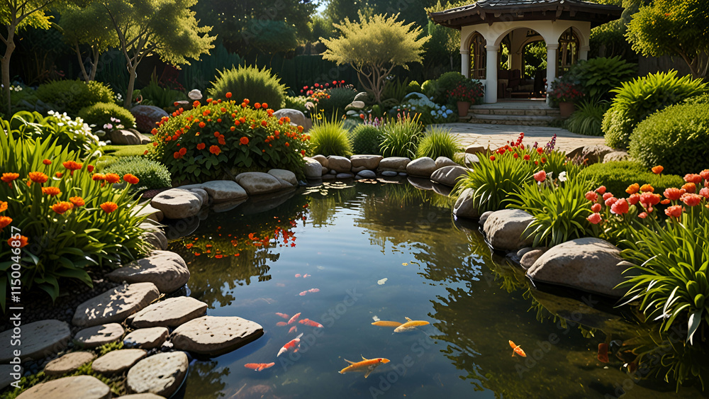 Fototapeta premium A Tranquil Japanese Zen Garden Featuring a Peaceful Koi Pond Stone Paths and Lush Greenery