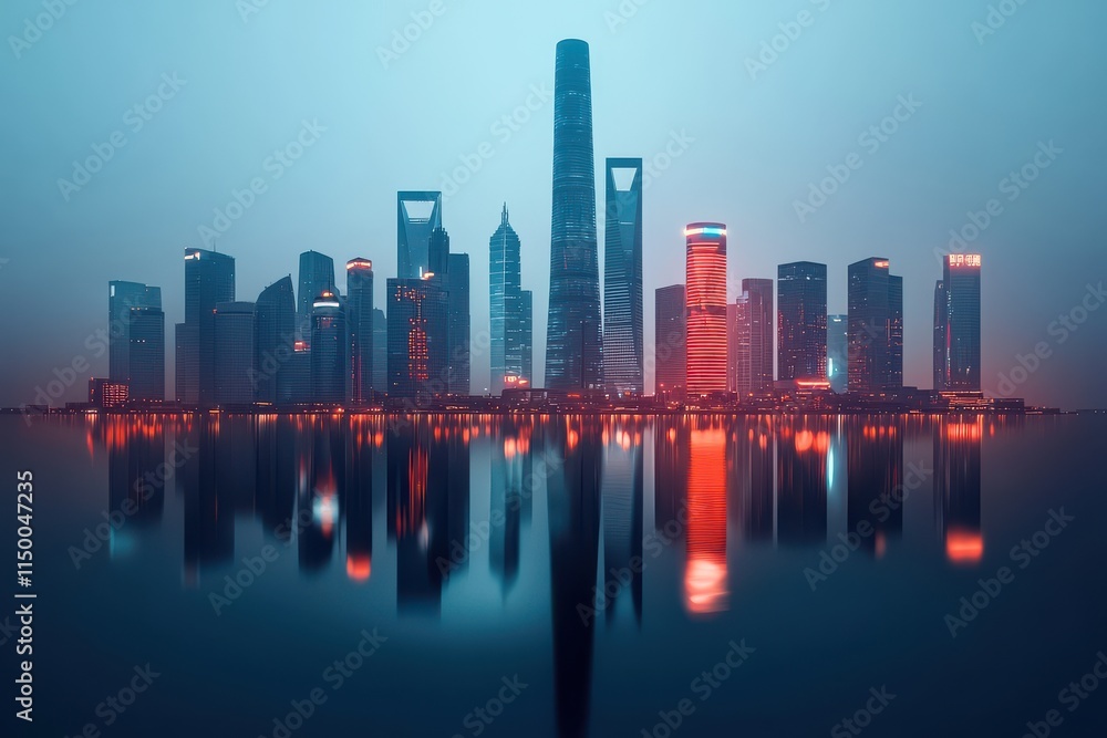 Obraz premium A stunning city skyline at dusk, featuring illuminated skyscrapers reflecting on water, creating a serene and futuristic atmosphere.