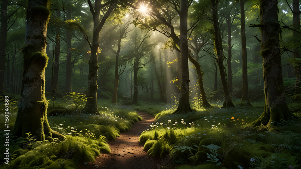 Obraz premium Stunning Rays of Sunlight Piercing Through the Canopy Illuminating a Lush Green Forest Landscape