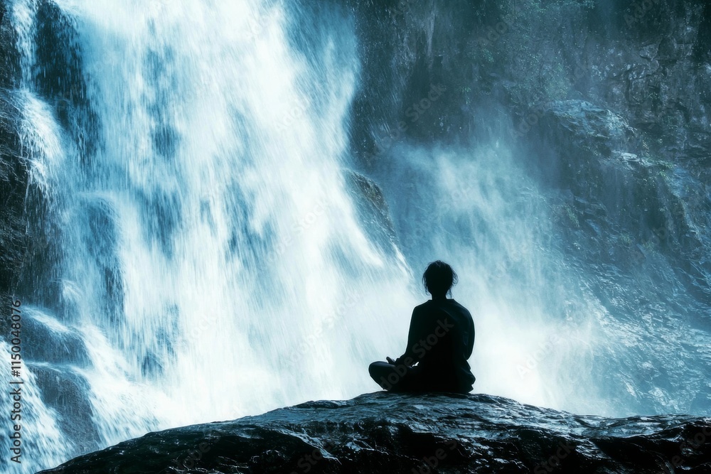 Fototapeta premium A person sits in a meditative pose on a rock before a massive cascading waterfall, surrounded by mist and nature. This image symbolizes mindfulness, peace, and connection with nature.