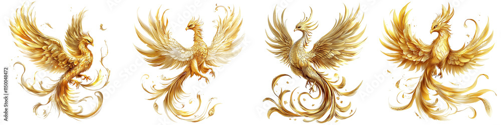 Obraz premium Four golden birds with wings spread out