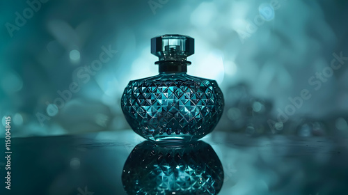 Elegant teal perfume bottle with a luxurious diamond pattern.