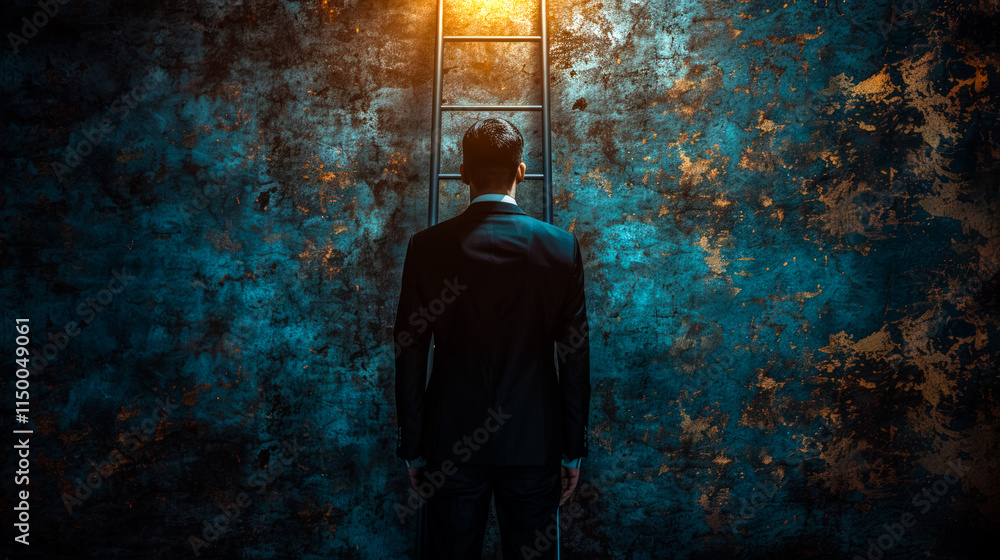 Businessman standing in front of stairs and wall, looking at it. Difficulty of path to financial success and personal growth, concept of overcoming problems when building successful business. Businessman standing in front of stairs and wall, looking at it. Difficulty of path to financial success and personal growth, concept of overcoming problems when building successful business.
