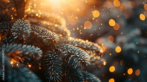Wallpaper Mural Snowdusted Christmas tree glows softly warm light setting sun surrounded blurred background golden hues Torontodigital.ca