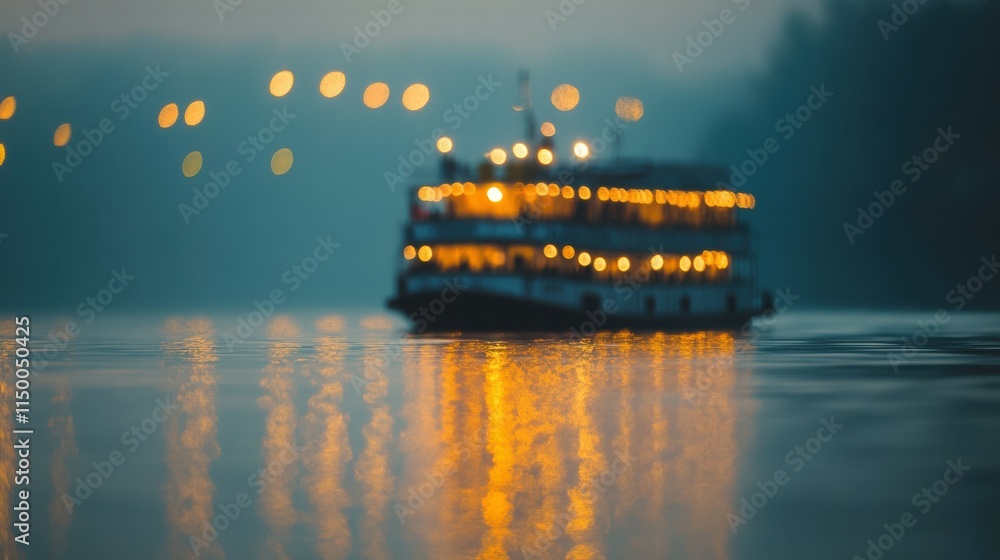 Obraz premium Nighttime Scene of Boat with Lights on Calm Water Surface