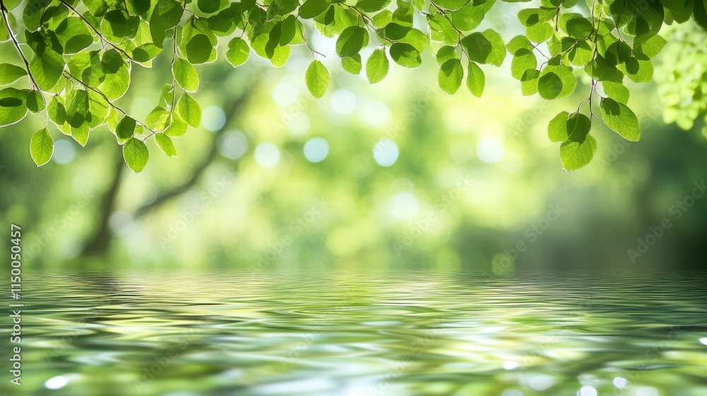 Tranquil Green Leaves Over Calm Water Surface in Natural Environment Tranquil Green Leaves Over Calm Water Surface in Natural Environment