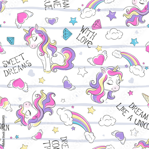 Fashion seamless pattern cute unicorn. Cartoon character. Rainbow. Print on clothes and fabric. White background