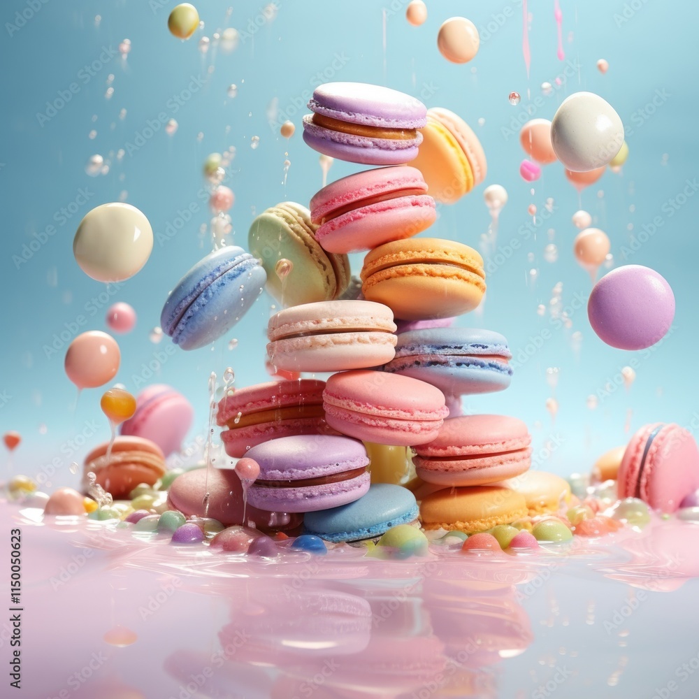 Obraz premium astel Macaron Pyramid, Sweet Treats Floating on Dreamy Blue Background