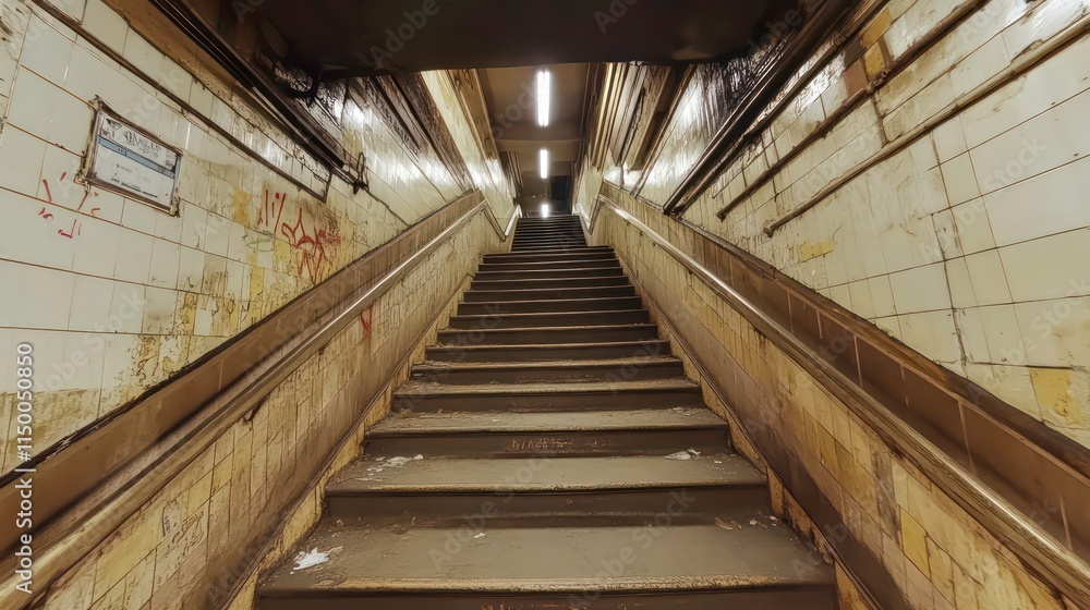 Obraz premium A long, narrow, and empty staircase in a subway station