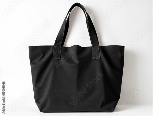 Chic black canvas tote bag with long handles and subtle fabric creases, centered on a pure white backdrop, warm lighting giving it a stylish and professional look photo