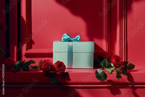 A beautifully wrapped gift box with a blue ribbon sits on a red surface, adorned with fresh red roses, creating a striking visual. Generative AI