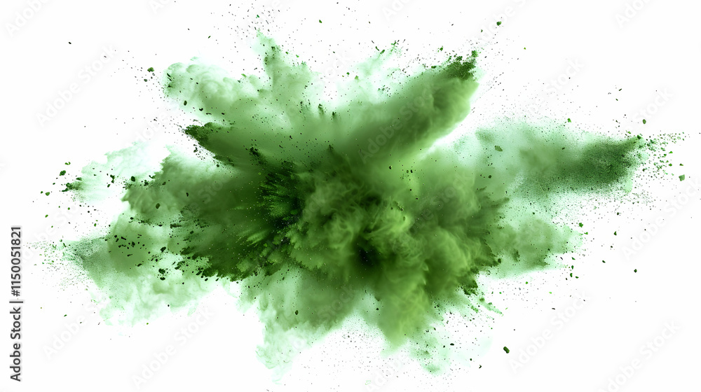 Explosion of vibrant green powder against a white background Explosion of vibrant green powder against a white background