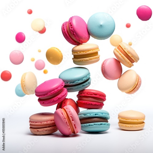 Flying Pastel Macarons – Vibrant Dessert Concept with Clean Background
