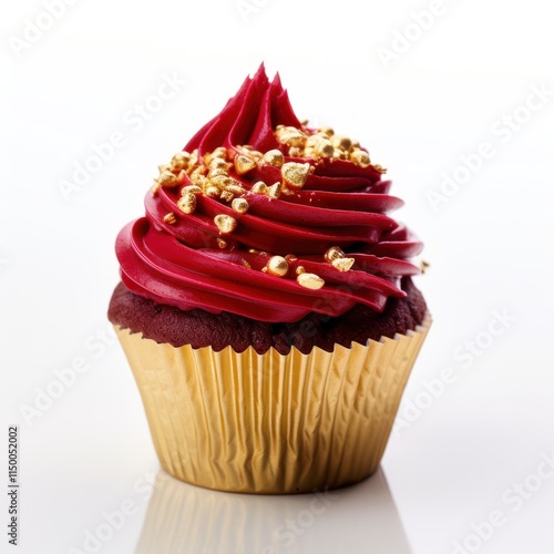Elegant Cupcake with Red and White Swirl Frosting, Pomegranate Seeds, and Golden Wrapper