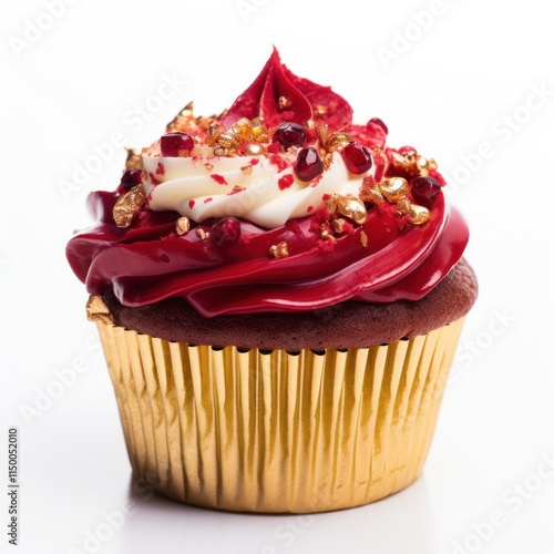 Gourmet Red Velvet Cupcake with Cream Frosting and Gold Sprinkles on White Background