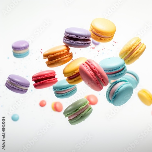 Colorful Macarons Floating in Mid-Air on White Background