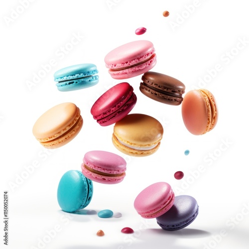 Colorful Macarons Floating in Mid-Air on White Background