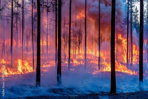 A forest engulfed in flames, with fire spreading across the trees, creating a dramatic and intense scene. The image captures the destructive power of fire, emphasizing the urgency of wildfire manageme photo