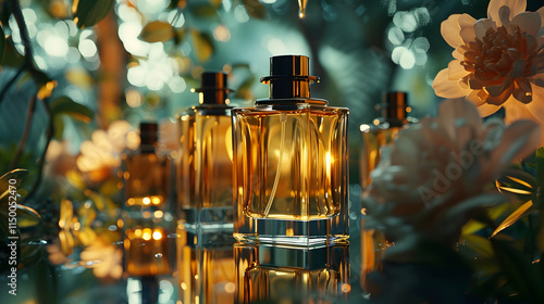 Luxurious Amber Perfume Bottles Among Blooming Flowers