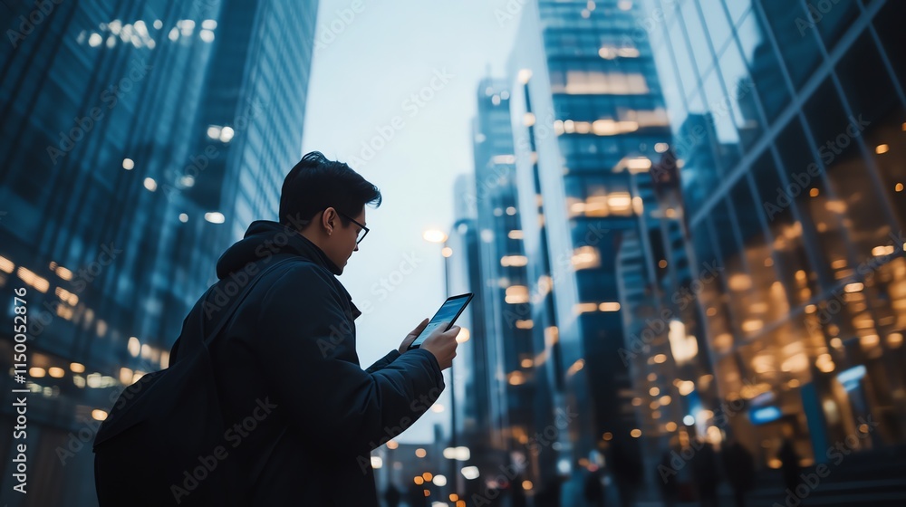 A young man in a black jacket walks through the city, looking at his phone. He is surrounded by tall buildings and bright lights. A young man in a black jacket walks through the city, looking at his phone. He is surrounded by tall buildings and bright lights.