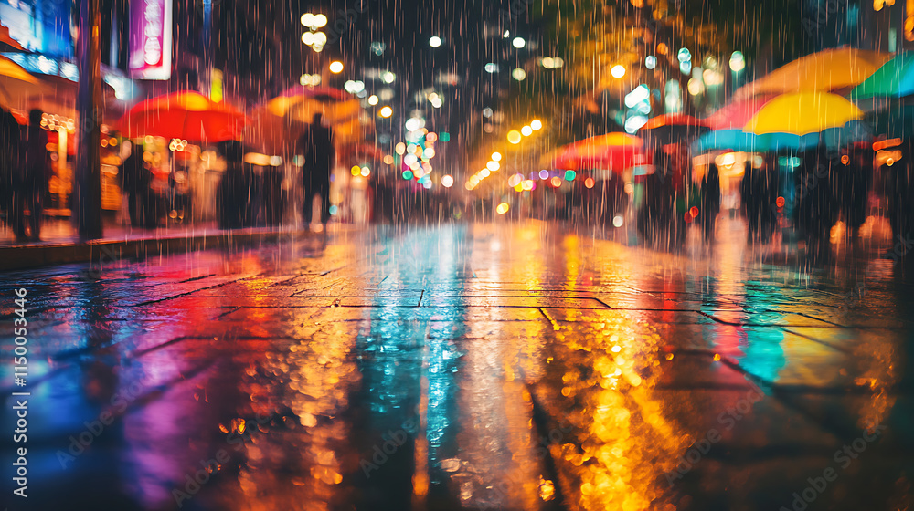 Rainy Night Cityscape: A captivating view of a bustling city street bathed in the glow of neon lights and rain-soaked reflections. Rainy Night Cityscape: A captivating view of a bustling city street bathed in the glow of neon lights and rain-soaked reflections.