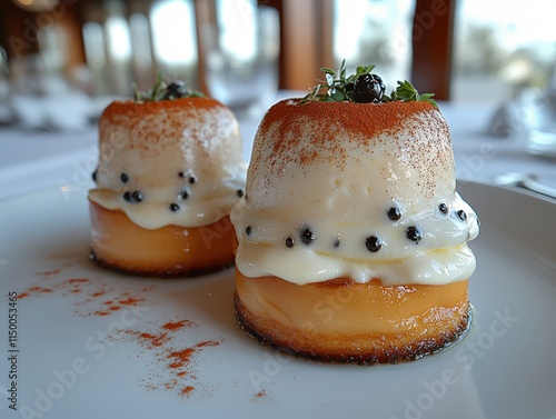 Two elegant desserts on a white plate, garnished with caviar and herbs. photo