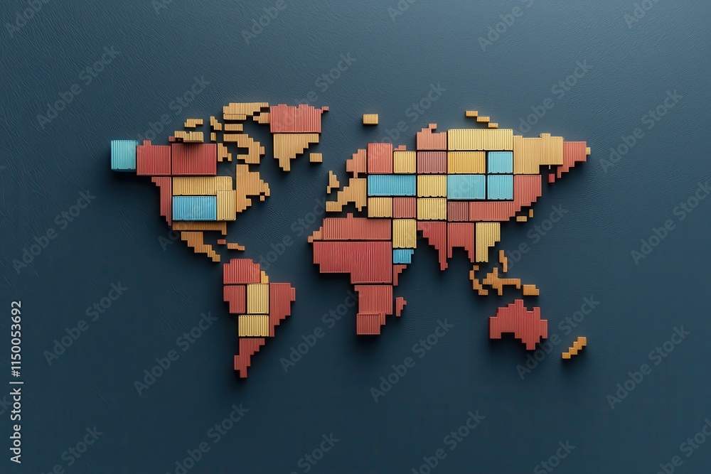 Obraz premium A colorful, stylized map of the world is constructed from rectangular blocks, highlighting different regions in vibrant colors.