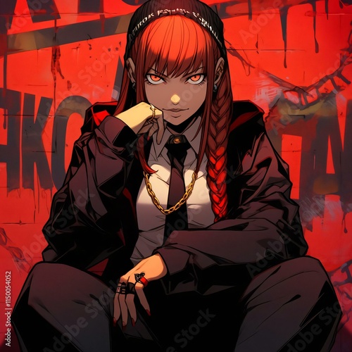 Confident character striking red hair piercing eyes sits hiphop inspired style surrounded vibrant graffiti red wall photo