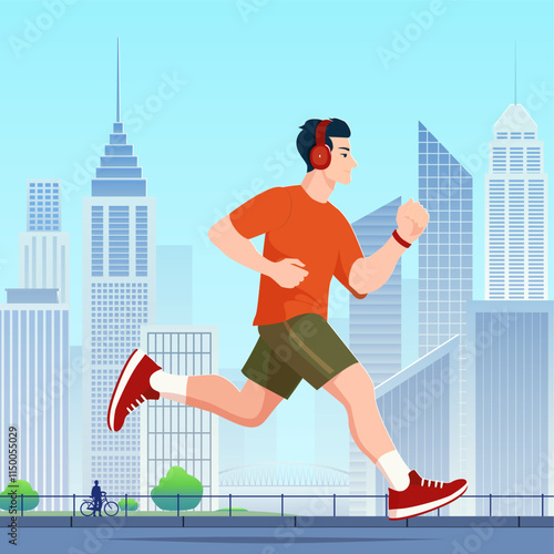 Dynamic Flat Vector Illustration of a Young Man Running in an Urban Cityscape Wearing Headphones and Fitness Gear