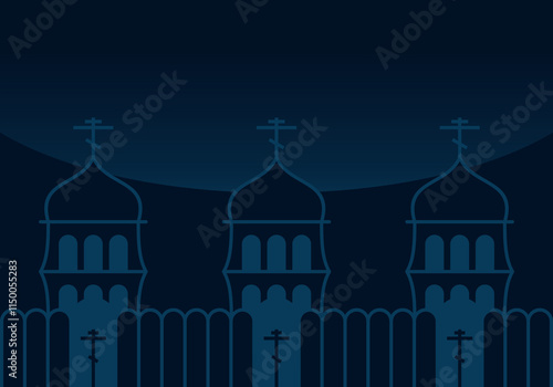 Silhouette of a Church in the background. Blue background.