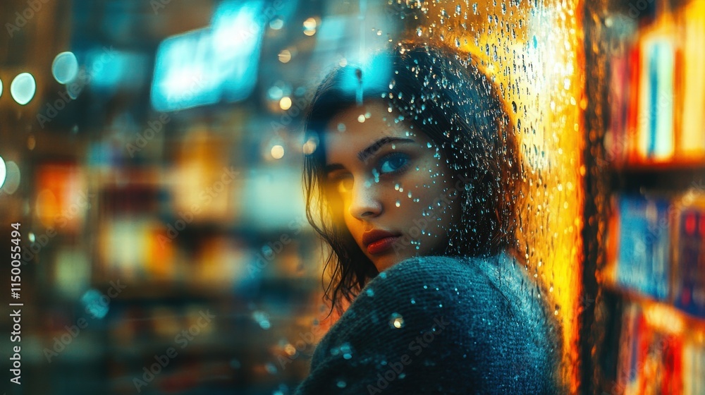 Obraz premium Woman gazing through a rain-soaked window in a cozy library setting
