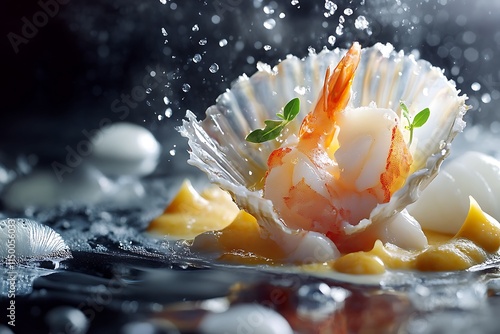 Gourmet Shrimp Scallop Dish with Yellow Sauce photo