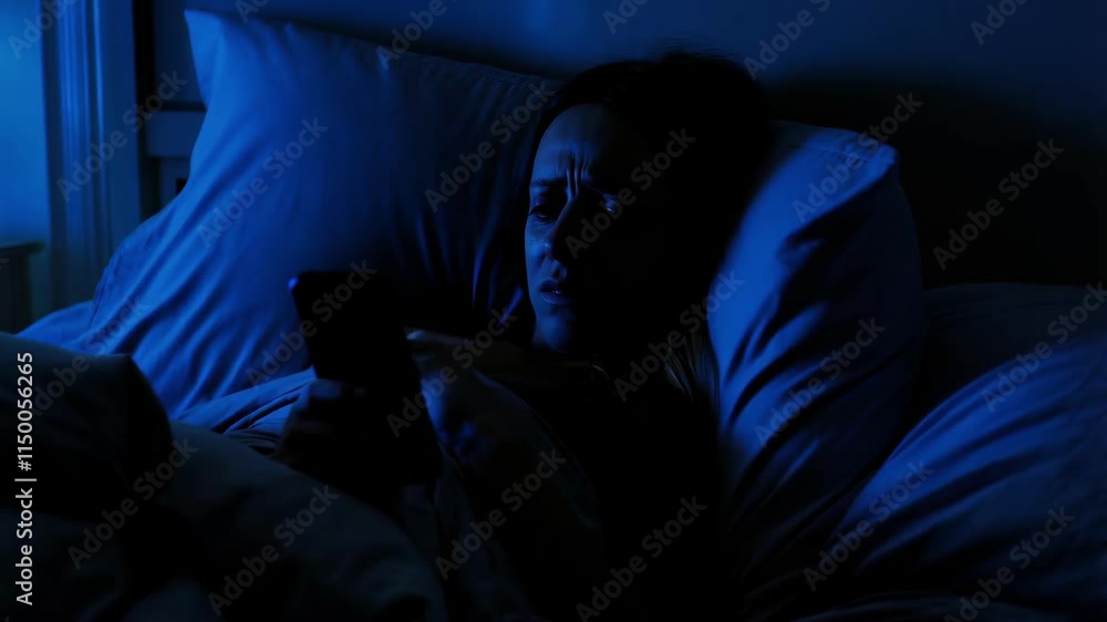 Young woman lying in bed, frowning while scrolling smartphone screen with worried expression, depicting digital lifestyle and late night internet browsing Young woman lying in bed, frowning while scrolling smartphone screen with worried expression, depicting digital lifestyle and late night internet browsing