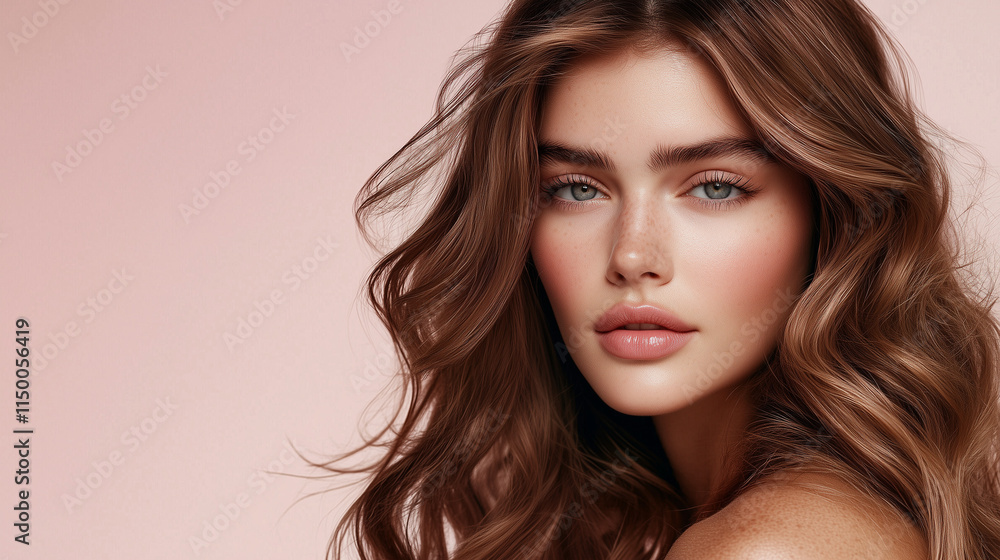 Fototapeta premium studio portrait of a beautiful woman with wavy light brown hair, flawless skin, and natural makeup, perfect for beauty, skincare, and cosmetics branding projects.