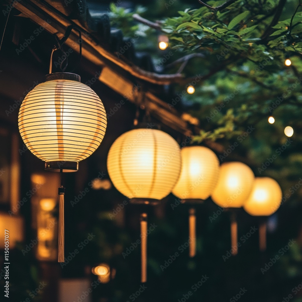 Obraz premium Elegant Japanese Paper Lanterns Illuminating a Nighttime Garden Scene