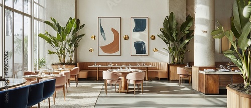 Modern restaurant interior with pink chairs, large windows, and tropical plants.