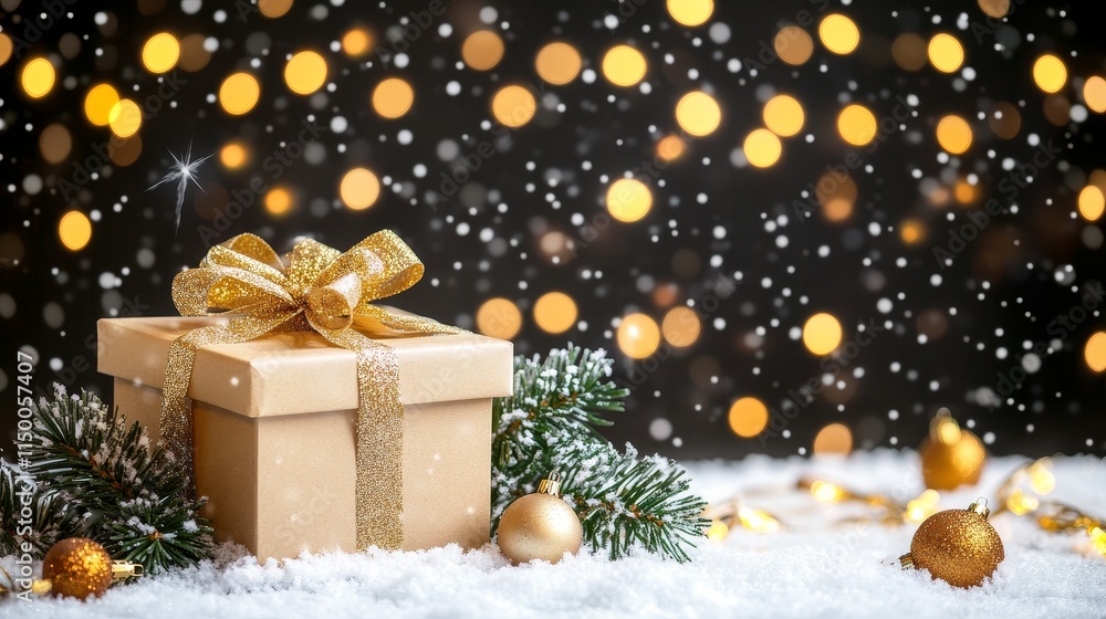 In the twilight, a Christmas present bursts open, sending golden stars that sparkle and light up the darkness with a warm, golden glow. In the twilight, a Christmas present bursts open, sending golden stars that sparkle and light up the darkness with a warm, golden glow.