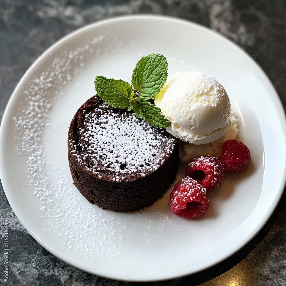 A decadent molten chocolate lava cake with a gooey center, served with a scoop of vanilla ice cream and fresh raspberries, on a white dessert plate A decadent molten chocolate lava cake with a gooey center, served with a scoop of vanilla ice cream and fresh raspberries, on a white dessert plate