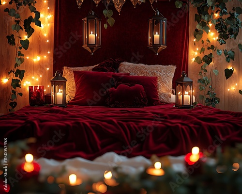 Romantic Valentine Night Setup with Lanterns and Velvet Bed Linens