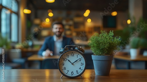 Alarm clock and plant on a table, man in background.