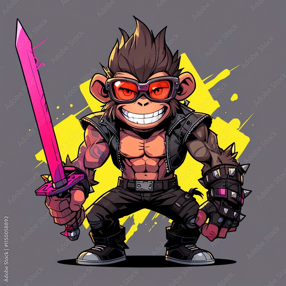 Cyberpunk Monkey Warrior: A Digital Illustration of a Muscular Monkey with a Sword Cyberpunk Monkey Warrior: A Digital Illustration of a Muscular Monkey with a Sword