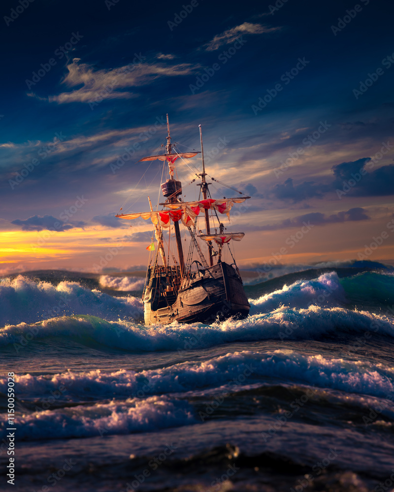 Grand view of an old sailing ship from the times of pirates and the Middle Ages on the high seas with big waves and with a beautiful sky