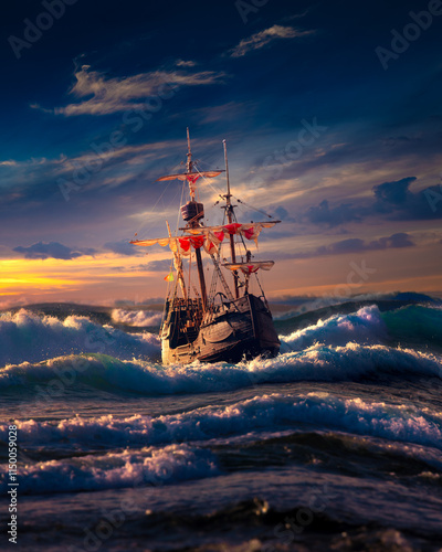 Obraz na płótnie Grand view of an old sailing ship from the times of pirates and the Middle Ages on the high seas with big waves and with a beautiful sky w salonie