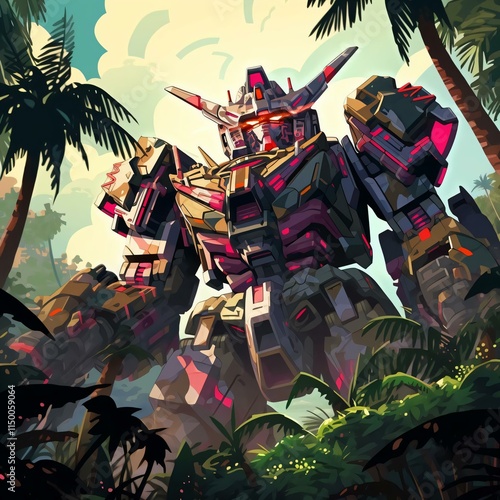 Towering robot stands lush jungle its vibrant colors glowing eyes drawing attention its powerful actionready pose amidst dense greenery photo