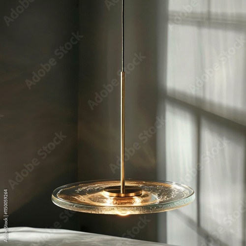 Modern ceiling lamp thin glass disk shade brasscolored metal base casts soft glow room