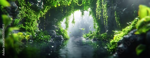 Serene Lush Tropical Forest River Flowing Through Misty Ravine Landscape