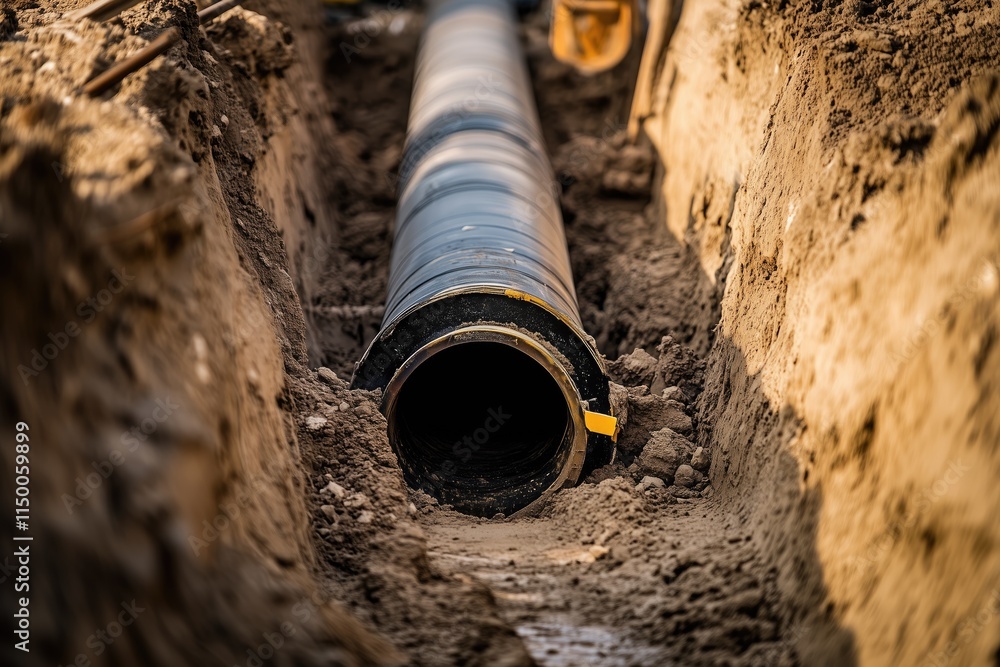 Pipeline construction. metal pipe being installed in a trench for an underground water line