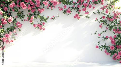 Fototapeta Naklejka Na Ścianę i Meble -  Climbing pink roses on the wall. Decorative floral background with copy space. 
