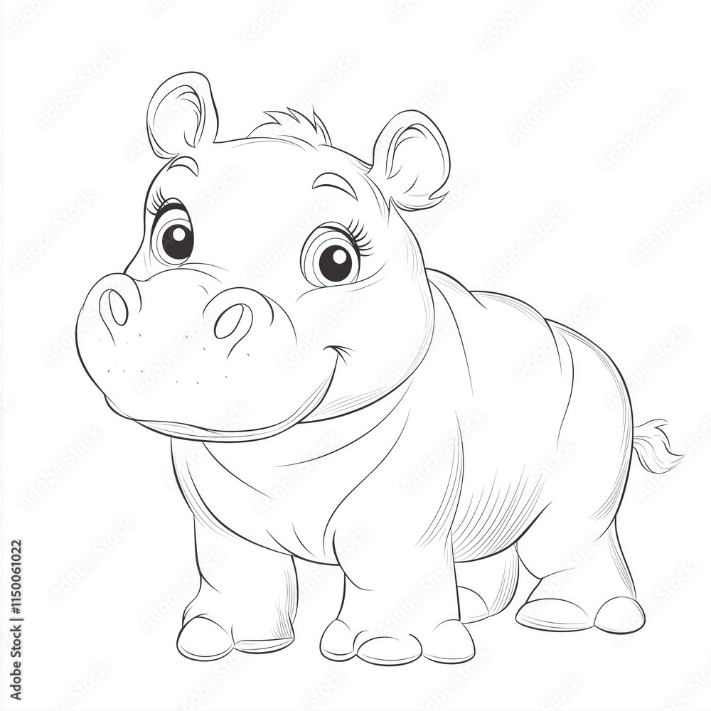 Naklejka premium Adorable cartoon hippo illustration in black and white, perfect for children's coloring activities and educational purposes.